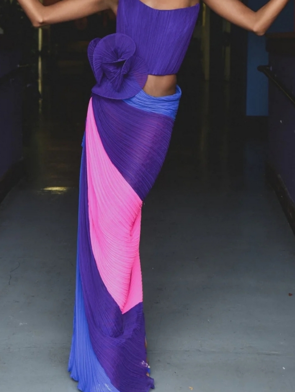 Asymmetrical Pleated Maxi Skirt in Fuchsia, Cobalt & Purple